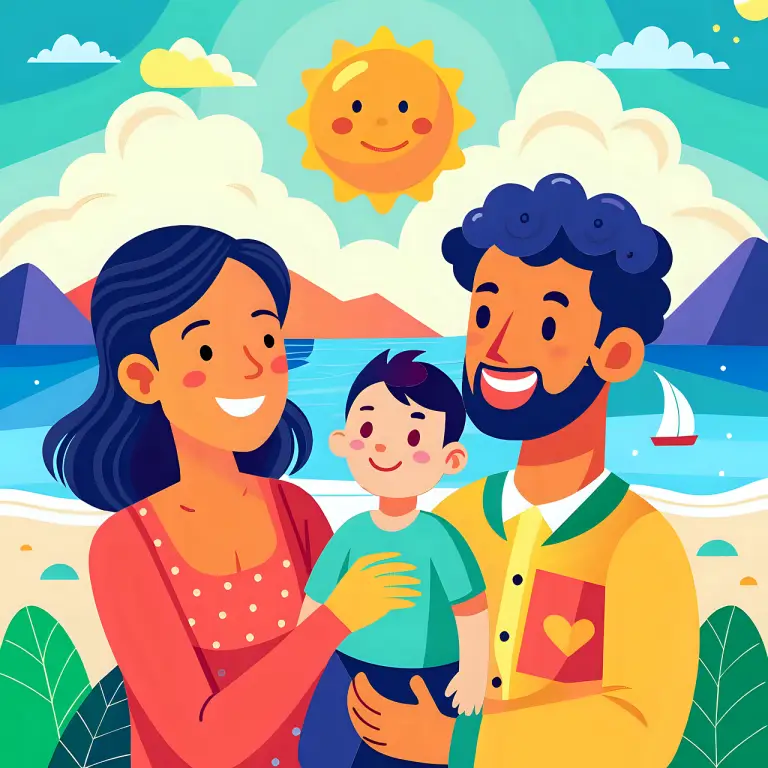Fonds de paysage mer, et parents avec un enfant au premier plan