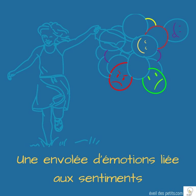 Dessin fille courant tenant des ballons dont certains avec émotions