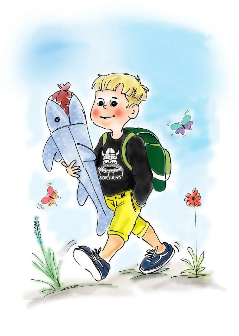 Petit blond marchant sac à dos ciel bleu papillons et fleurs avec requin en cornet
