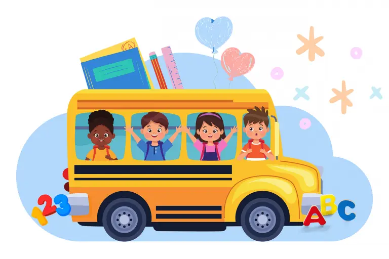 bus scolaire jaune et noir avec enfants par la fenêtre sous fond de lettres chiffres coeurs et étoiles